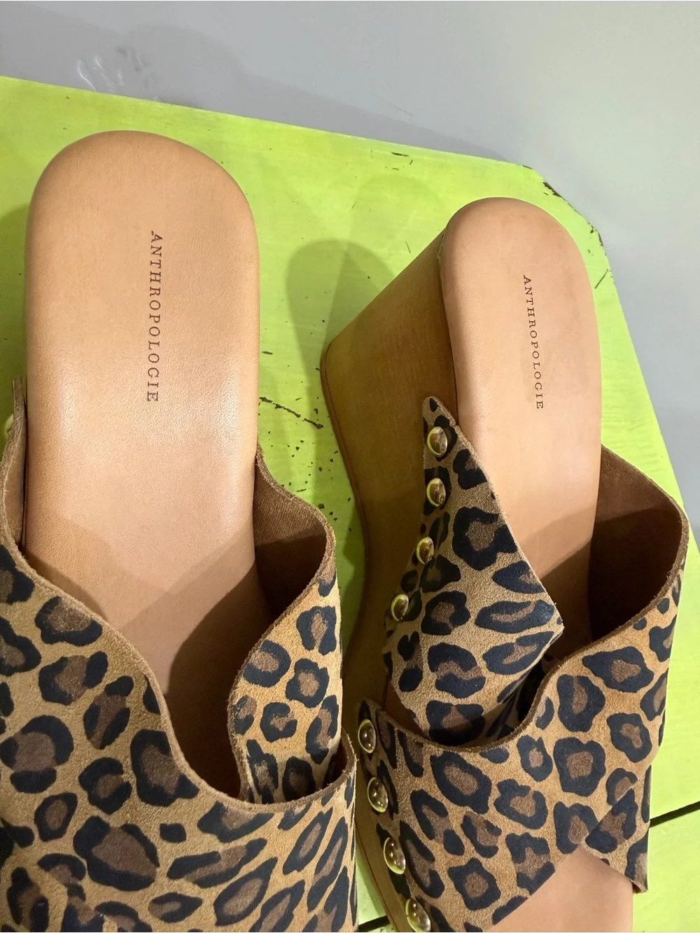 Anthropologie Leopard-Print Crisscross Platform Slides in Tan and Black